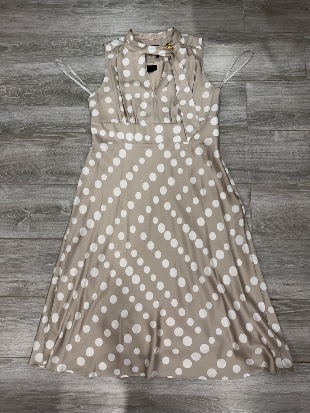 Donna Karan Sleeveless Taupe Polka Dot Tie-Neck Dress size 16